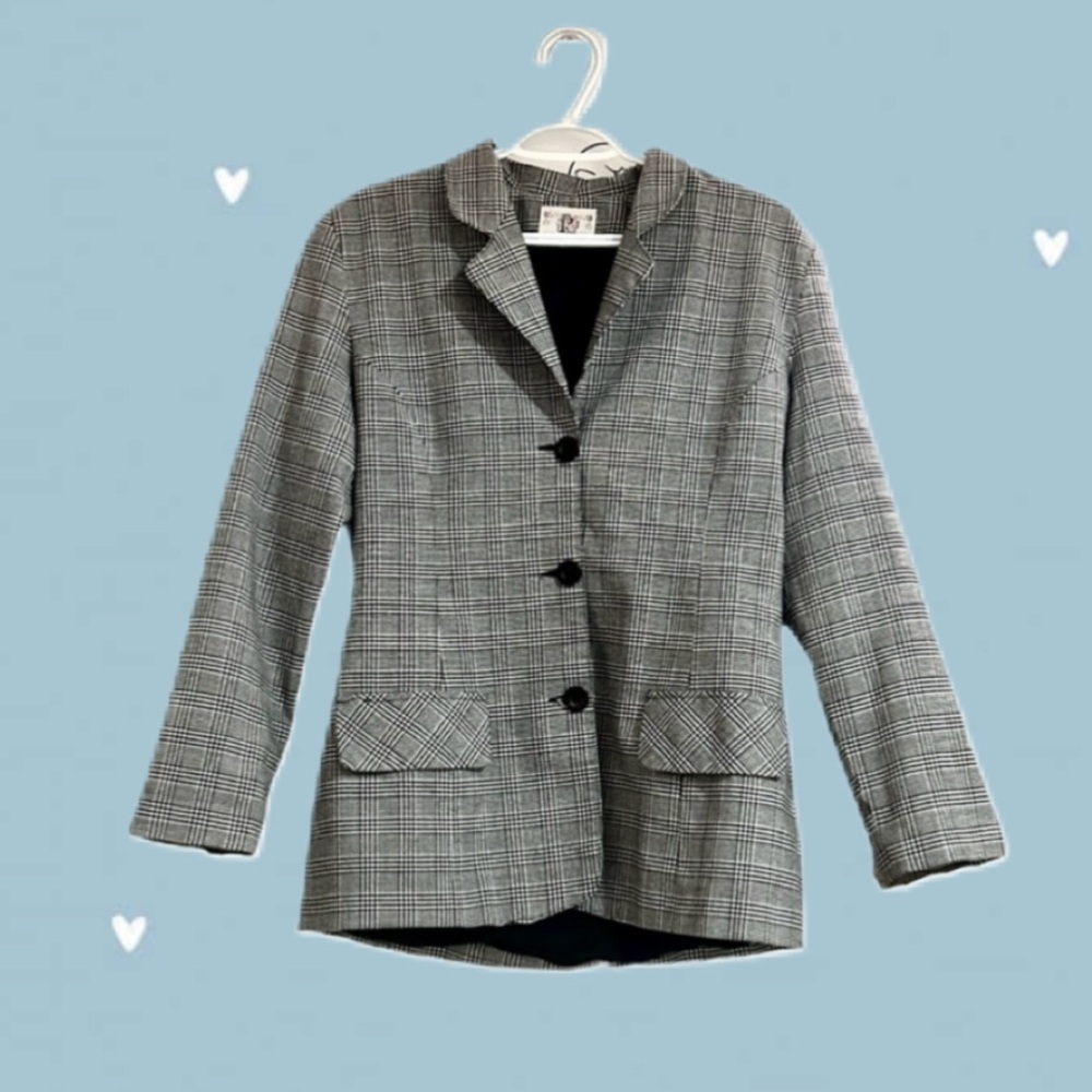 90’s Pariscope Women's Gray Plaid Jacket Blazer Button Up Coat